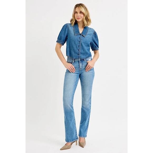RISEN Button Down Short Puff Sleeves Medium Washed Casual Cropped Denim Shirt - Picture 7 of 7